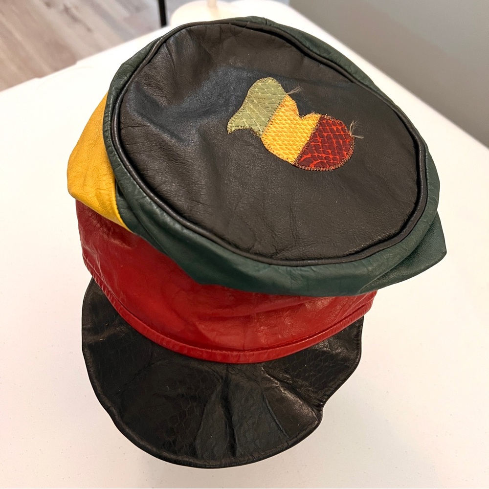 Vintage Leather Rasta Africa Cap Black with Red, Green and Yellow